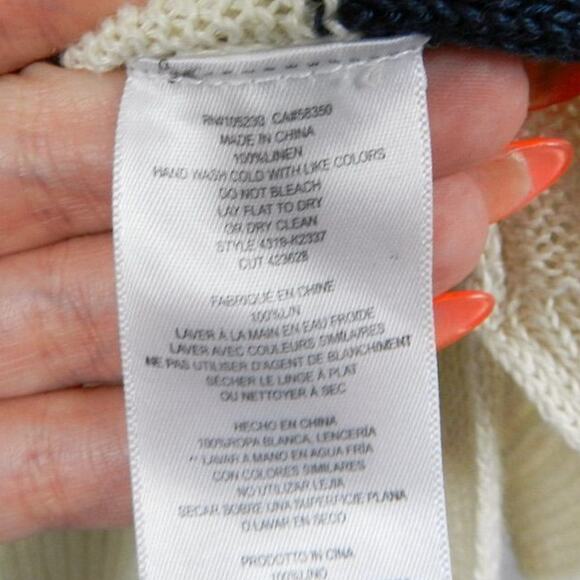 Joie Linen Pullover Fisherman Sweater Size L Navy Blue Ivory Striped Knit - Picture 9 of 10